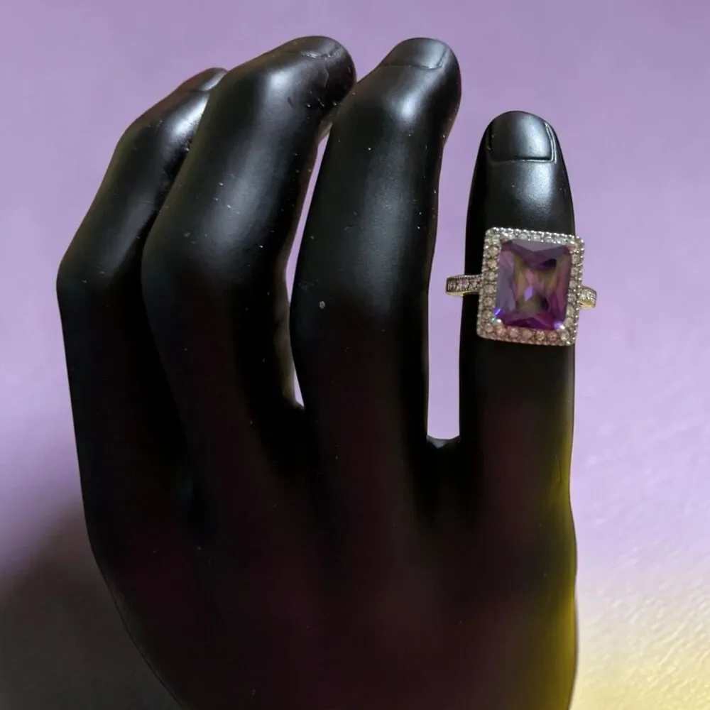 Purple Princess Cut Cubic Zirconia Halo Ring Silver Tone Statement Cocktail Ring
